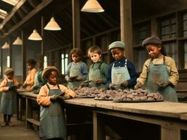 storico colorato foto di un' bambini quotidiano opera nel il 1900 ai generativo