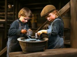 storico colorato foto di un' bambini quotidiano opera nel il 1900 ai generativo