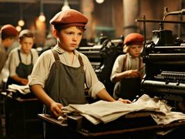 storico colorato foto di un' bambini quotidiano opera nel il 1900 ai generativo