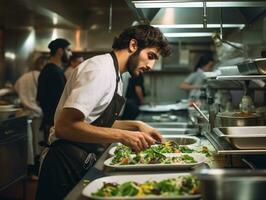 maschio capocuoco crea culinario capolavori nel un' vivace cucina ai generativo foto