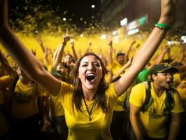 brasiliano donna celebra il suo calcio squadre vittoria ai generativo foto