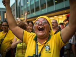 brasiliano donna celebra il suo calcio squadre vittoria ai generativo foto