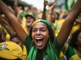 brasiliano donna celebra il suo calcio squadre vittoria ai generativo foto