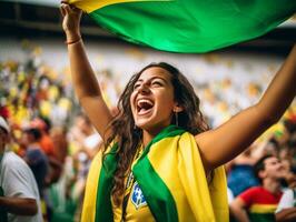 brasiliano donna celebra il suo calcio squadre vittoria ai generativo foto