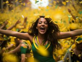 brasiliano donna celebra il suo calcio squadre vittoria ai generativo foto