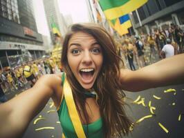 brasiliano donna celebra il suo calcio squadre vittoria ai generativo foto