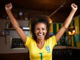 brasiliano donna celebra il suo calcio squadre vittoria ai generativo foto