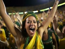 brasiliano donna celebra il suo calcio squadre vittoria ai generativo foto