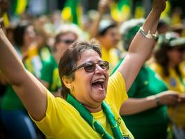 brasiliano donna celebra il suo calcio squadre vittoria ai generativo foto