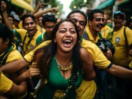 brasiliano donna celebra il suo calcio squadre vittoria ai generativo foto