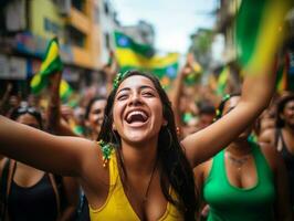 brasiliano donna celebra il suo calcio squadre vittoria ai generativo foto