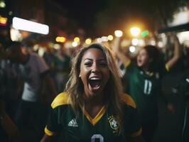 brasiliano donna celebra il suo calcio squadre vittoria ai generativo foto