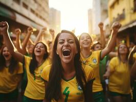 brasiliano donna celebra il suo calcio squadre vittoria ai generativo foto