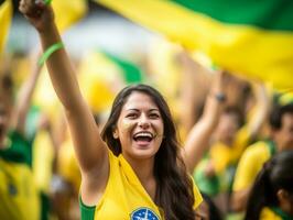 brasiliano donna celebra il suo calcio squadre vittoria ai generativo foto