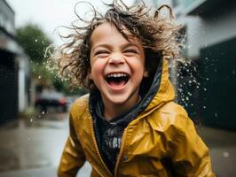 spensierato bambino con gioia balli nel il rinfrescante pioggia ai generativo foto