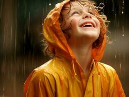 spensierato bambino con gioia balli nel il rinfrescante pioggia ai generativo foto