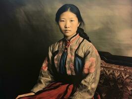 un vecchio colorato fotografia di un' asiatico donna a partire dal il presto 1900 ai generativo foto