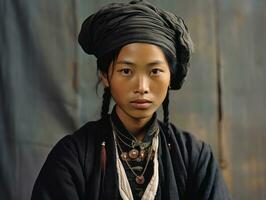 un vecchio colorato fotografia di un' asiatico donna a partire dal il presto 1900 ai generativo foto