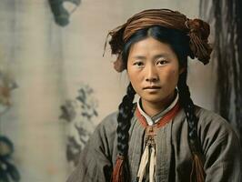 un vecchio colorato fotografia di un' asiatico donna a partire dal il presto 1900 ai generativo foto