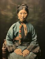 un vecchio colorato fotografia di un' asiatico donna a partire dal il presto 1900 ai generativo foto