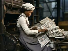 storico colorato foto di un' womans quotidiano opera nel il passato ai generativo