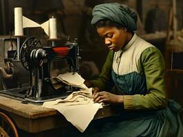 storico colorato foto di un' womans quotidiano opera nel il passato ai generativo