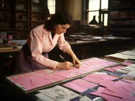 storico colorato foto di un' womans quotidiano opera nel il passato ai generativo