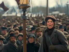 storico colorato foto di un' donna principale un' protesta ai generativo