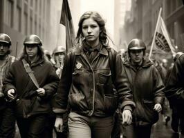 storico colorato foto di un' donna principale un' protesta ai generativo