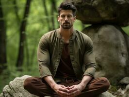 uomo Meditare nel il seno di natura ai generativo foto