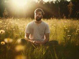 uomo Meditare nel il seno di natura ai generativo foto