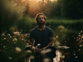 uomo Meditare nel il seno di natura ai generativo foto