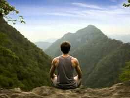 uomo Meditare nel il seno di natura ai generativo foto