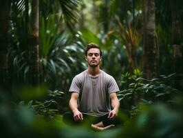 uomo Meditare nel il seno di natura ai generativo foto