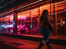 più dimensione donna a piedi con fiducia attraverso il vivace neon illuminato strade ai generativo foto