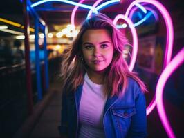 più dimensione donna a piedi con fiducia attraverso il vivace neon illuminato strade ai generativo foto