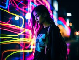 più dimensione donna a piedi con fiducia attraverso il vivace neon illuminato strade ai generativo foto