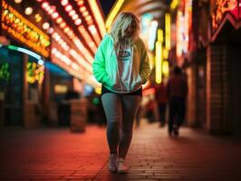 più dimensione donna a piedi con fiducia attraverso il vivace neon illuminato strade ai generativo foto