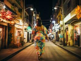 più dimensione donna a piedi con fiducia attraverso il vivace neon illuminato strade ai generativo foto