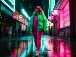 più dimensione donna a piedi con fiducia attraverso il vivace neon illuminato strade ai generativo foto