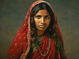 vecchio colorato fotografia di un' indiano donna a partire dal il presto 1900 ai generativo foto