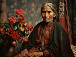 vecchio colorato fotografia di un' messicano donna a partire dal il presto 1900 ai generativo foto