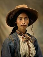 vecchio colorato fotografia di un' messicano donna a partire dal il presto 1900 ai generativo foto