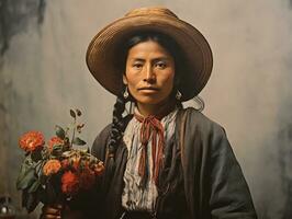 vecchio colorato fotografia di un' messicano donna a partire dal il presto 1900 ai generativo foto