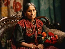 vecchio colorato fotografia di un' messicano donna a partire dal il presto 1900 ai generativo foto