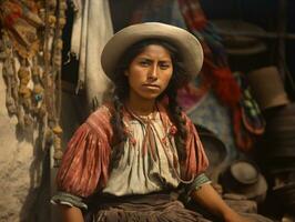 vecchio colorato fotografia di un' messicano donna a partire dal il presto 1900 ai generativo foto