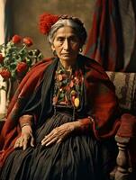 vecchio colorato fotografia di un' messicano donna a partire dal il presto 1900 ai generativo foto