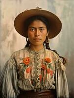 vecchio colorato fotografia di un' messicano donna a partire dal il presto 1900 ai generativo foto