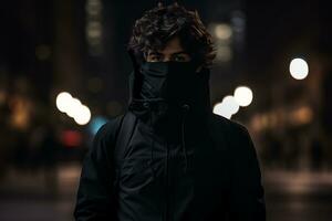 un' uomo nel un' nero felpa con cappuccio e viso maschera in piedi nel il mezzo di un' città strada a notte generativo ai foto