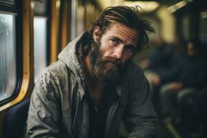 un' uomo con un' barba seduta su un' treno generativo ai foto